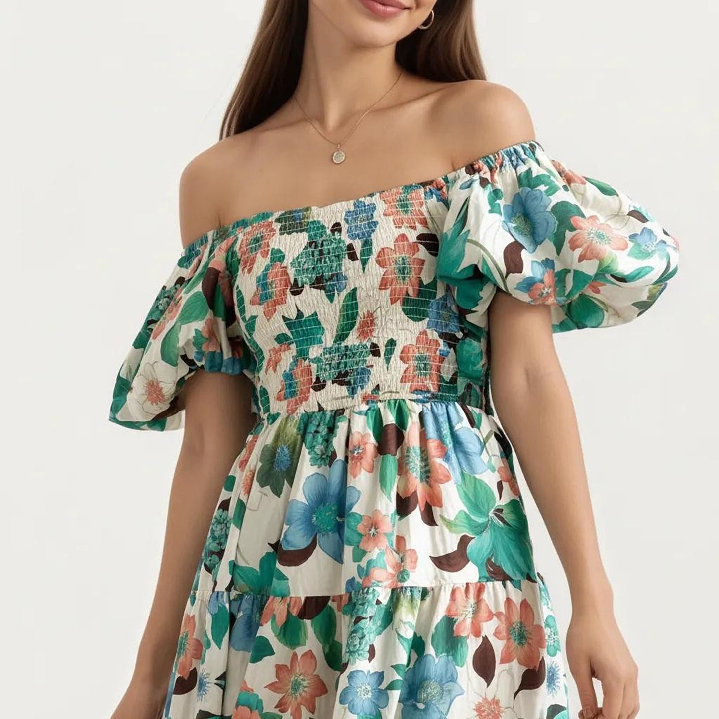 Off Shoulder Maxi Dress with Smocked Bodice and Tiered Skirt