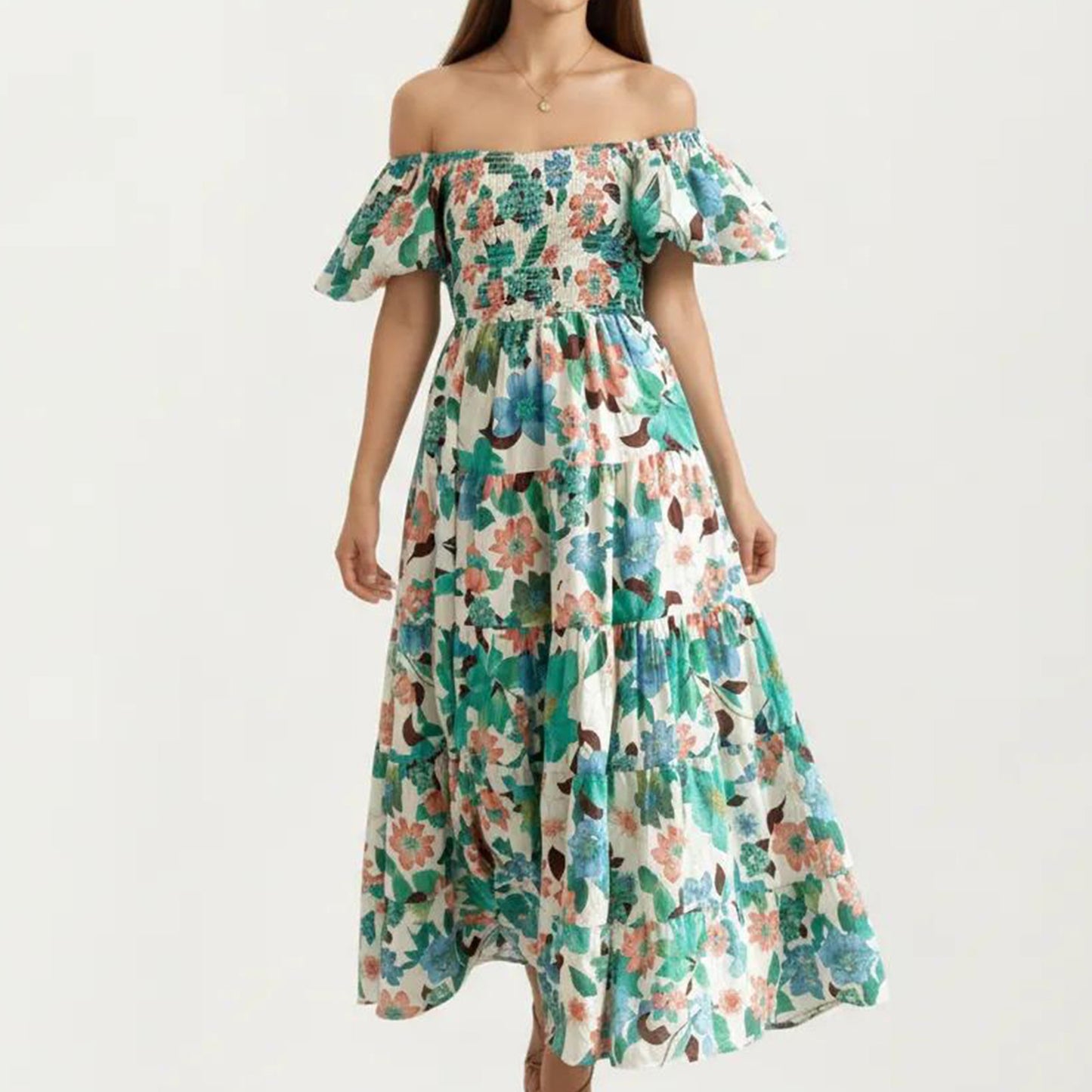 Off Shoulder Maxi Dress with Smocked Bodice and Tiered Skirt