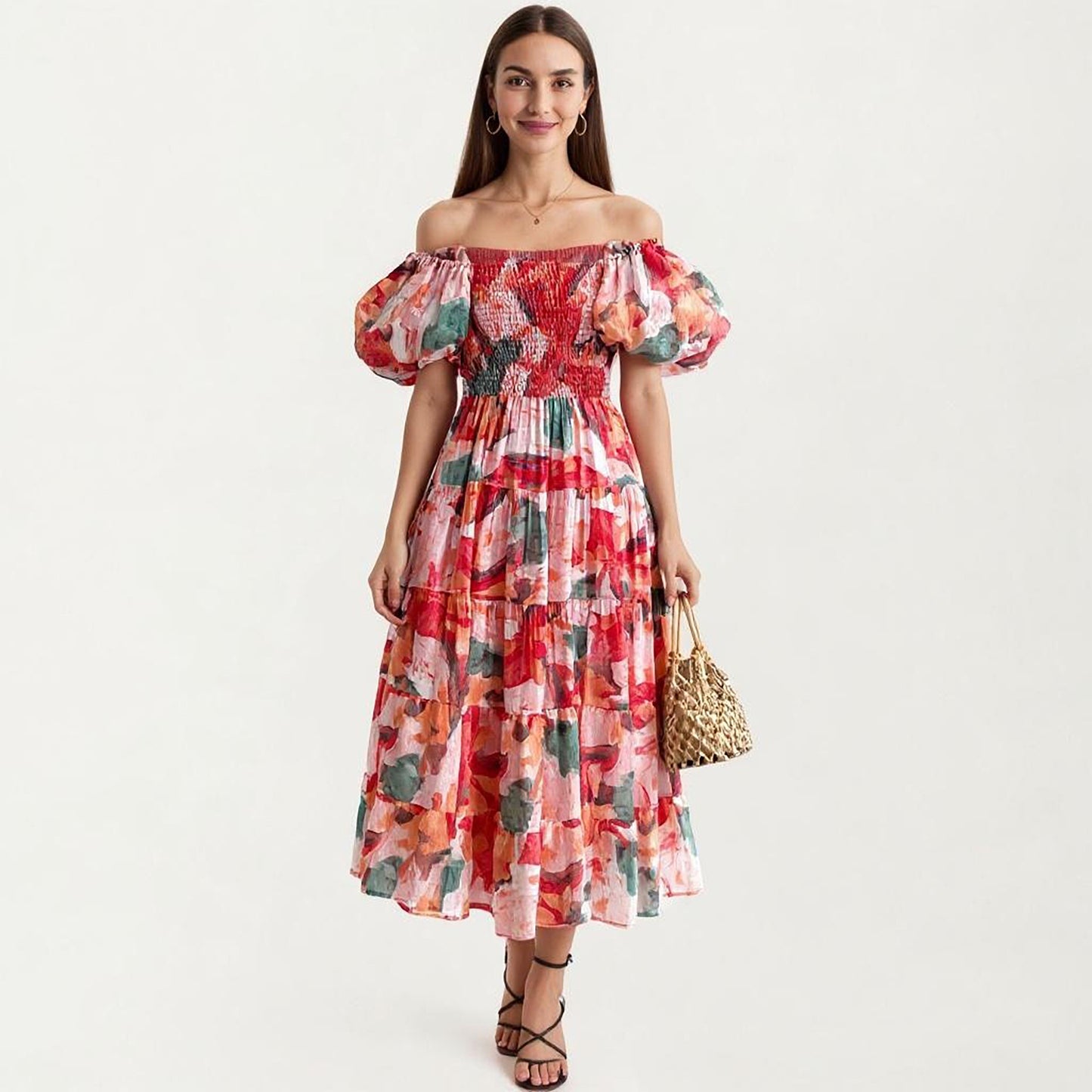 Off Shoulder Maxi Dress with Smocked Bodice and Tiered Skirt