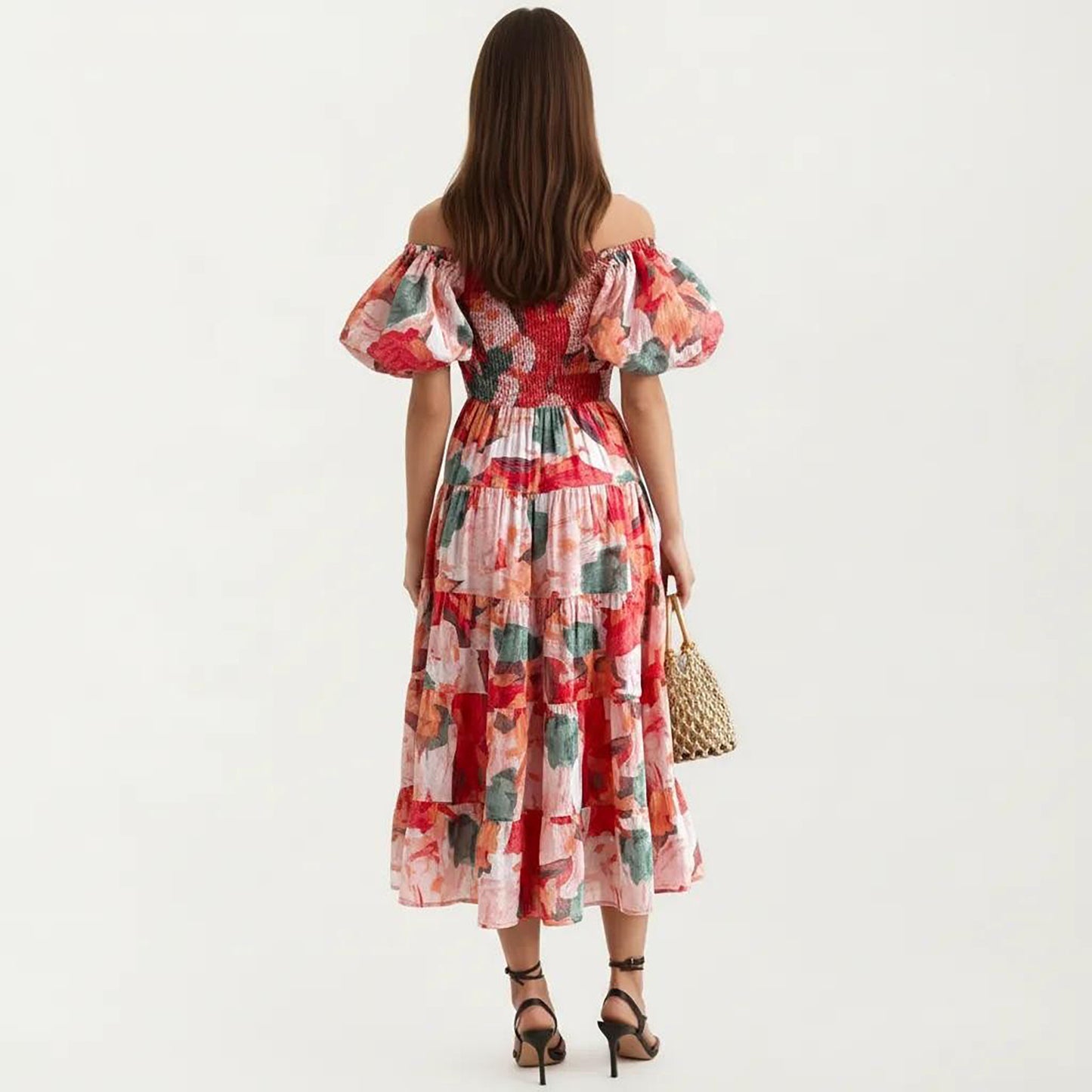 Off Shoulder Maxi Dress with Smocked Bodice and Tiered Skirt