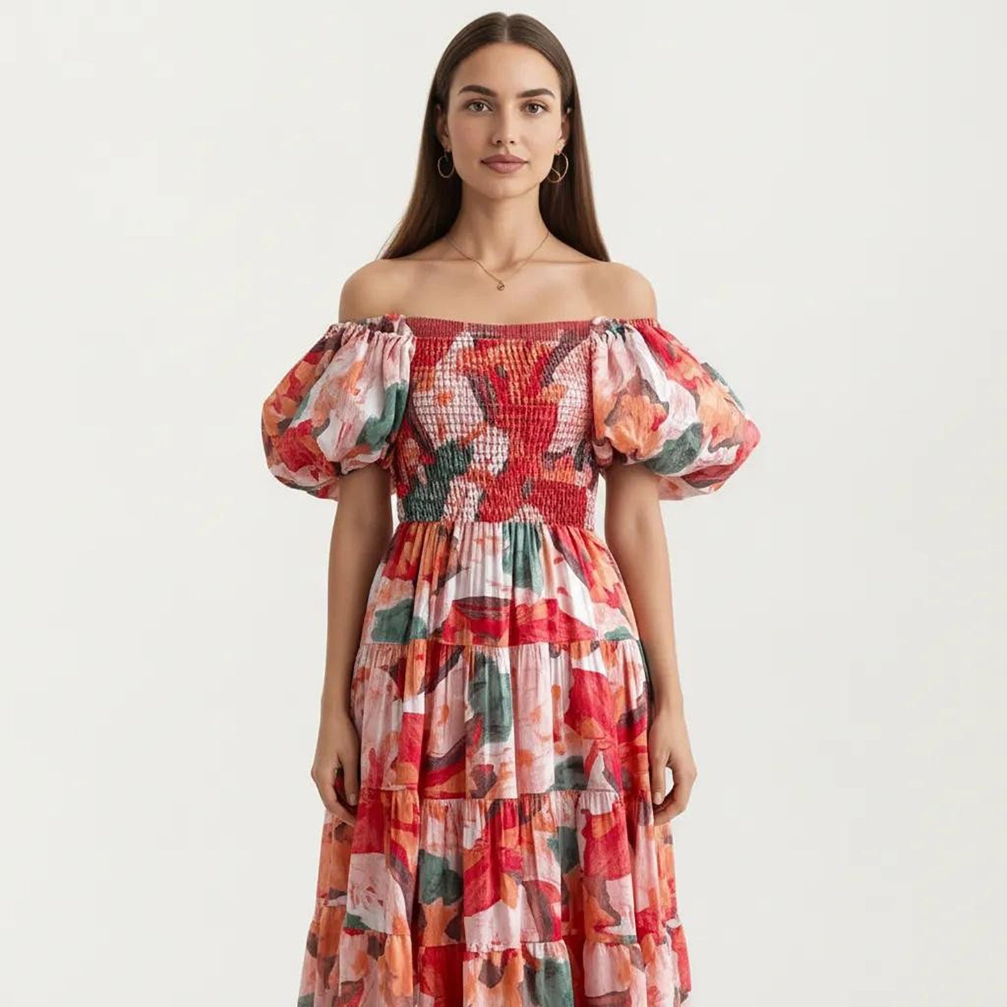 Off Shoulder Maxi Dress with Smocked Bodice and Tiered Skirt