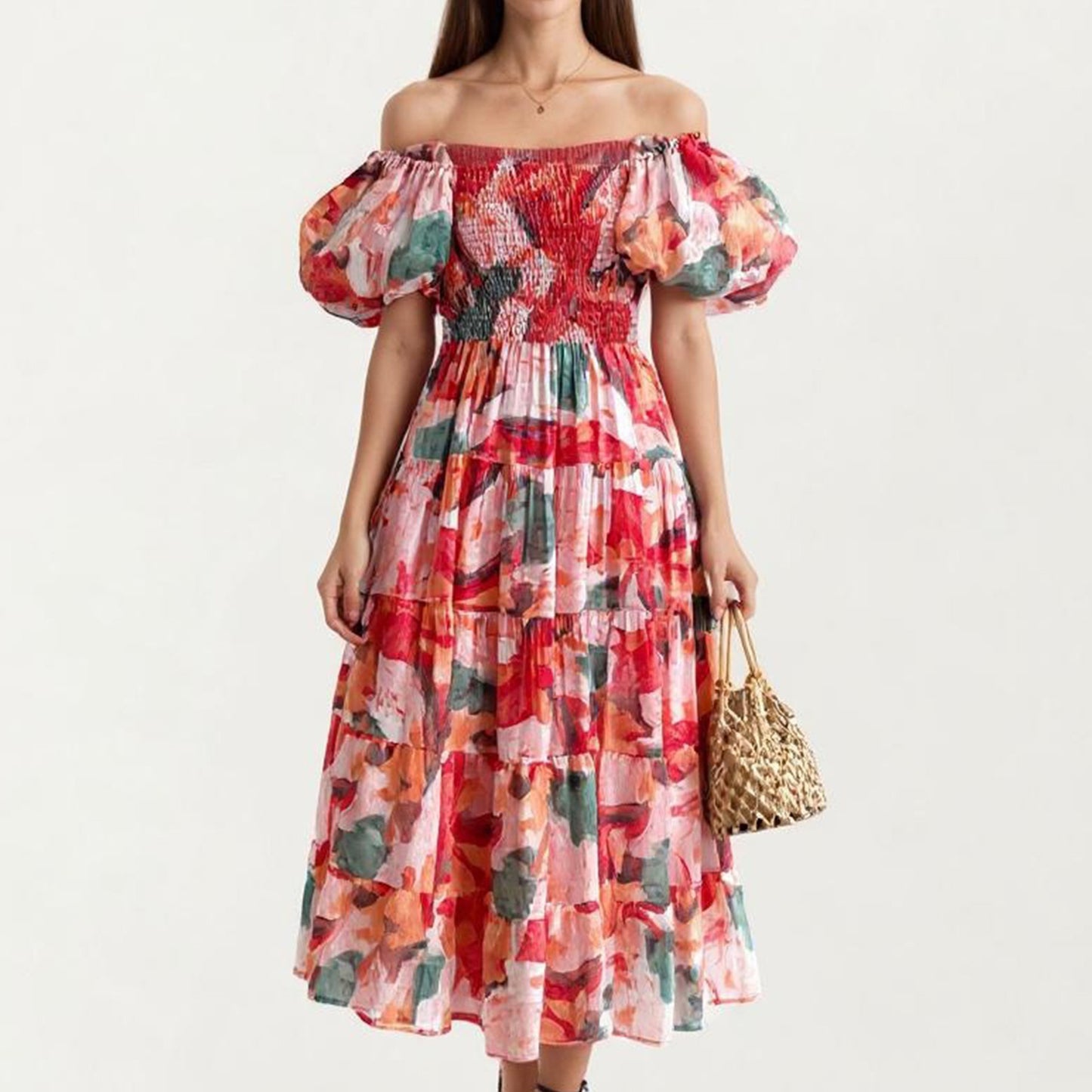 Off Shoulder Maxi Dress with Smocked Bodice and Tiered Skirt