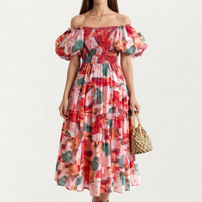 Off Shoulder Maxi Dress with Smocked Bodice and Tiered Skirt