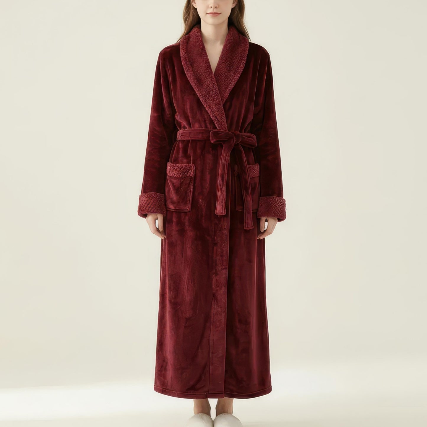 Plush Long Robe with Textured Shawl Collar Tie Waist Belt Soft Warm Full Length Bathrobe