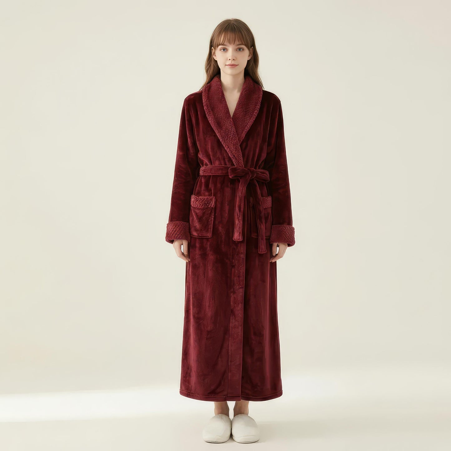 Plush Long Robe with Textured Shawl Collar Tie Waist Belt Soft Warm Full Length Bathrobe