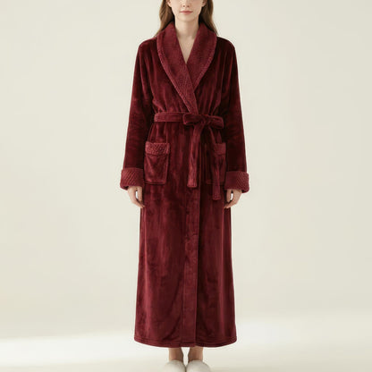 Plush Long Robe with Textured Shawl Collar Tie Waist Belt Soft Warm Full Length Bathrobe