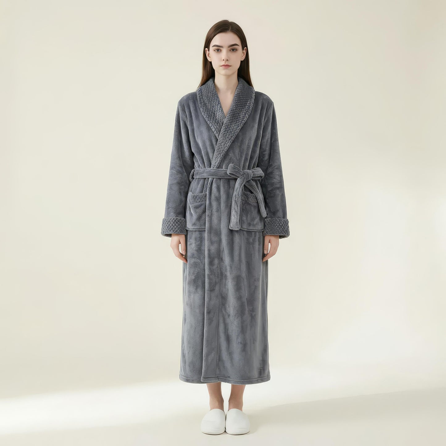 Plush Long Robe with Textured Shawl Collar Tie Waist Belt Soft Warm Full Length Bathrobe