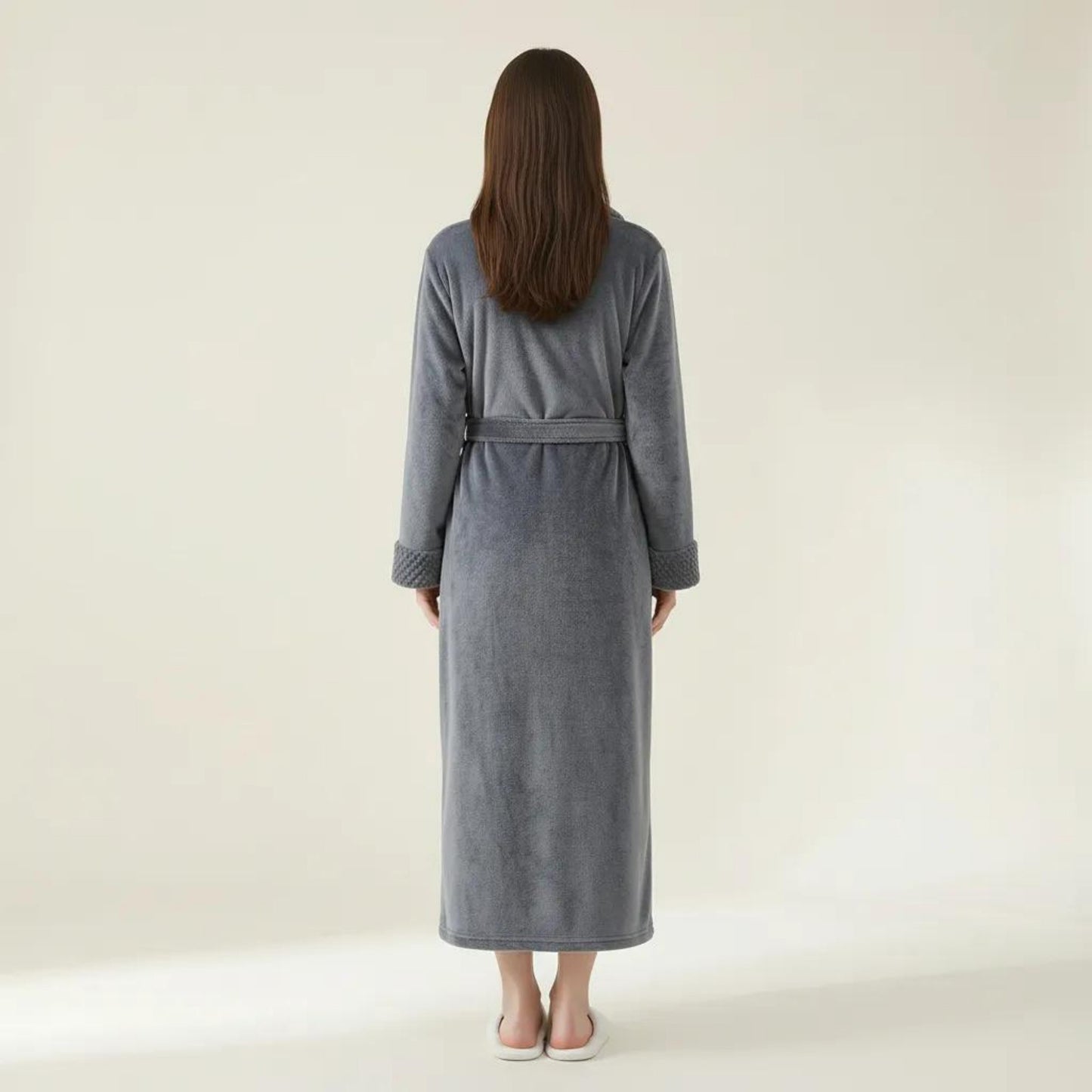 Plush Long Robe with Textured Shawl Collar Tie Waist Belt Soft Warm Full Length Bathrobe