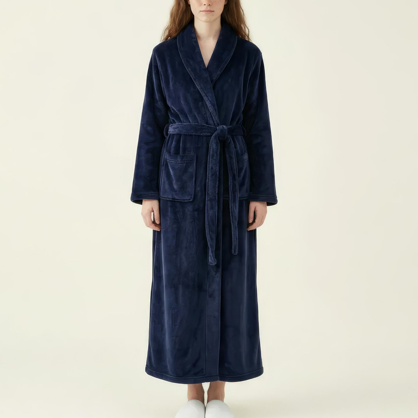 Plush Long Robe with Textured Shawl Collar Tie Waist Belt Soft Warm Full Length Bathrobe