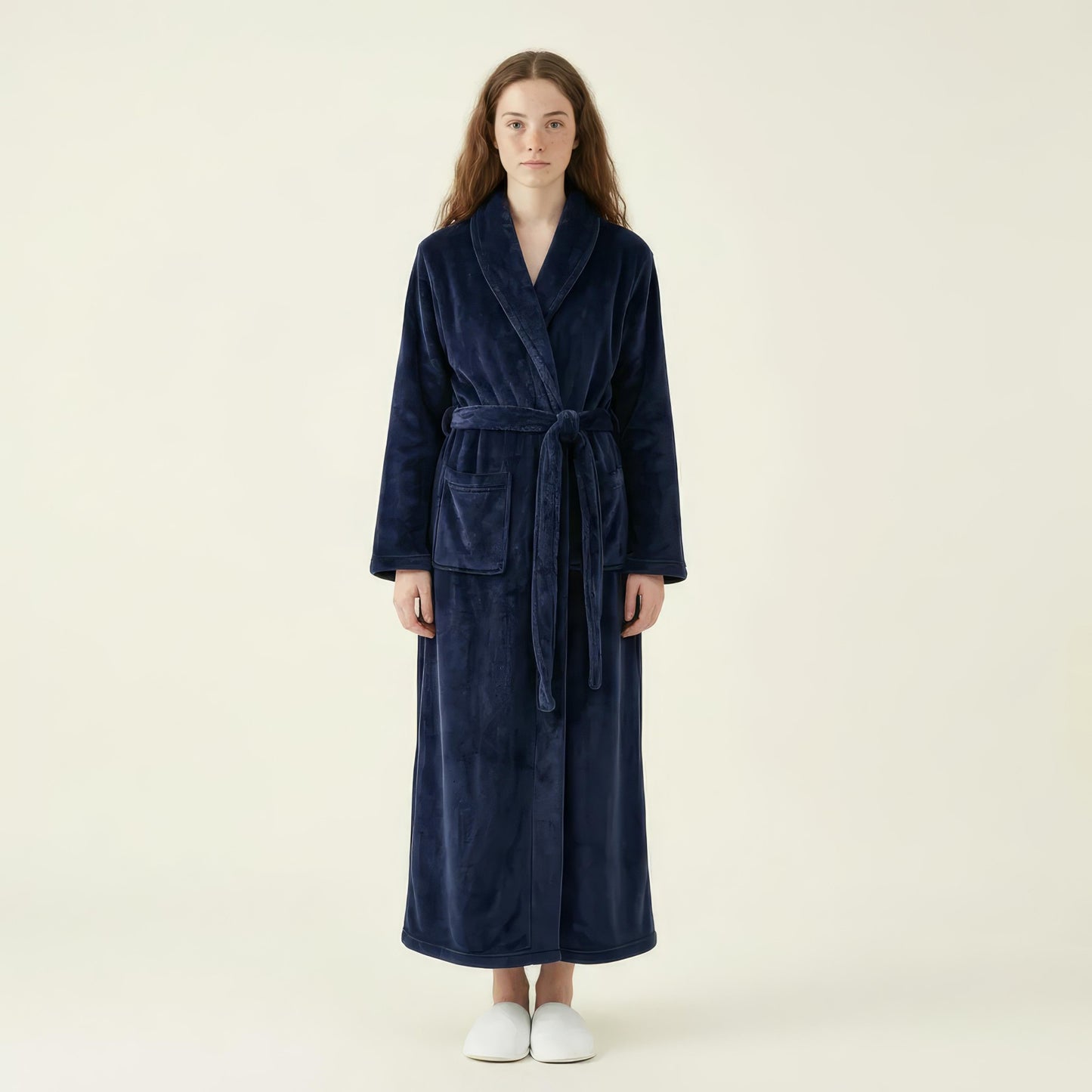 Plush Long Robe with Textured Shawl Collar Tie Waist Belt Soft Warm Full Length Bathrobe