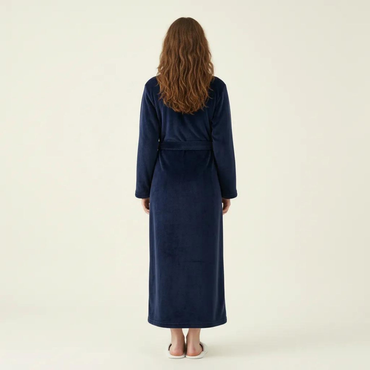 Plush Long Robe with Textured Shawl Collar Tie Waist Belt Soft Warm Full Length Bathrobe