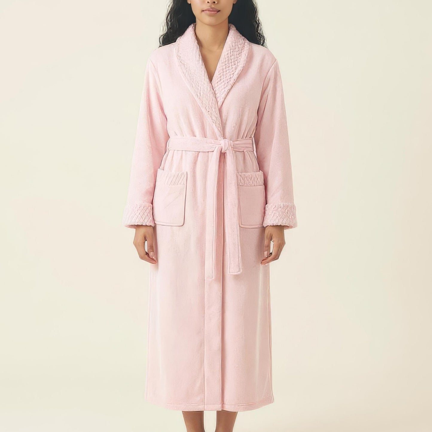 Plush Long Robe with Textured Shawl Collar Tie Waist Belt Soft Warm Full Length Bathrobe
