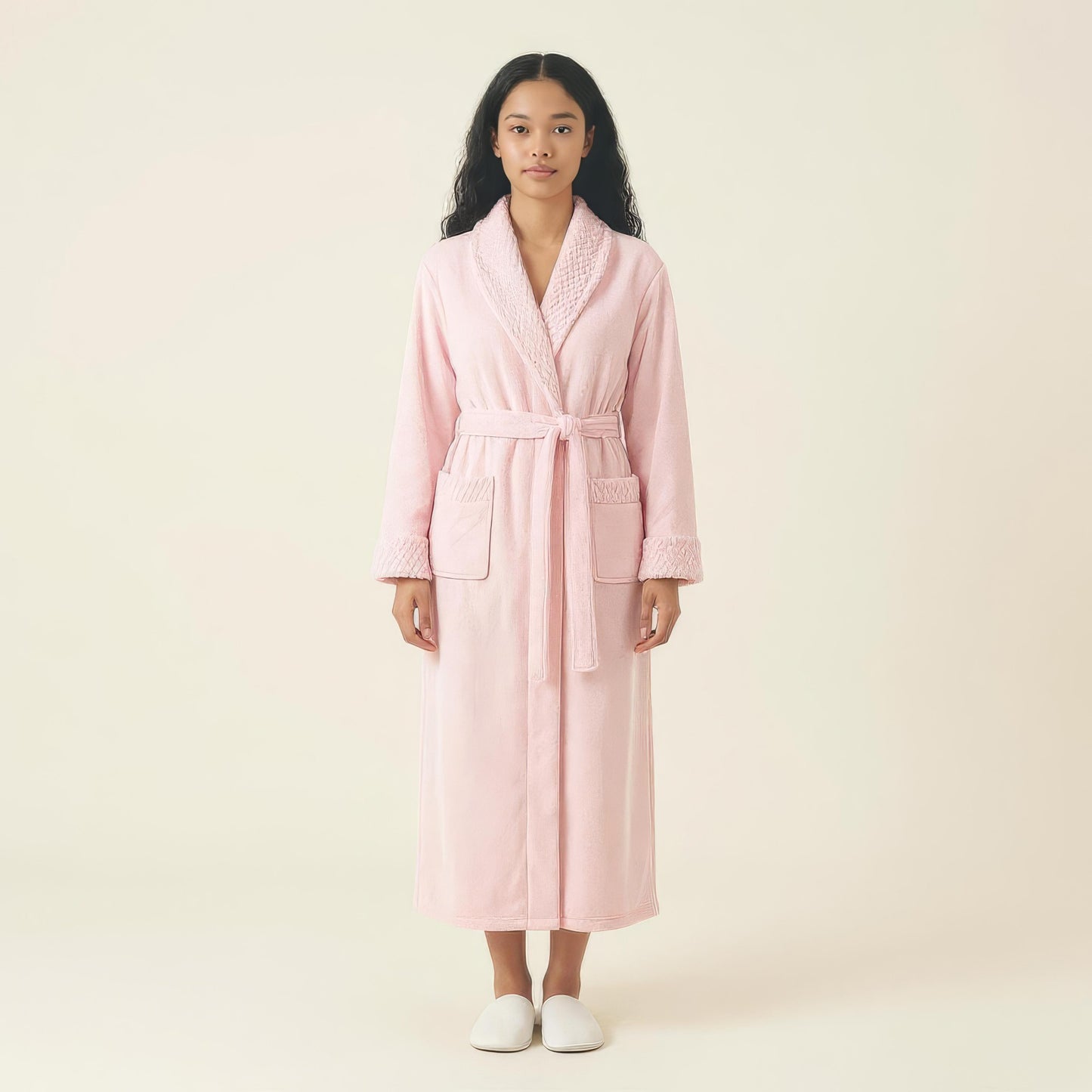Plush Long Robe with Textured Shawl Collar Tie Waist Belt Soft Warm Full Length Bathrobe