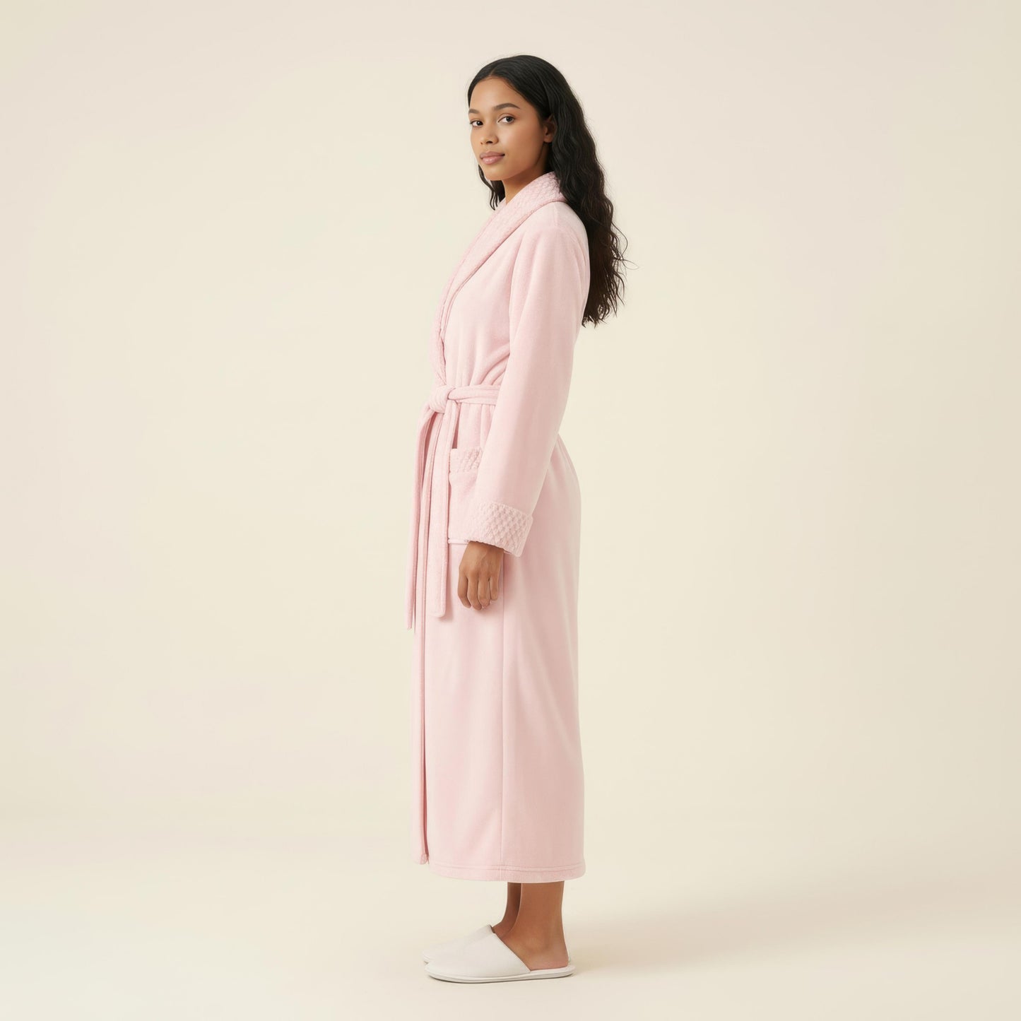 Plush Long Robe with Textured Shawl Collar Tie Waist Belt Soft Warm Full Length Bathrobe