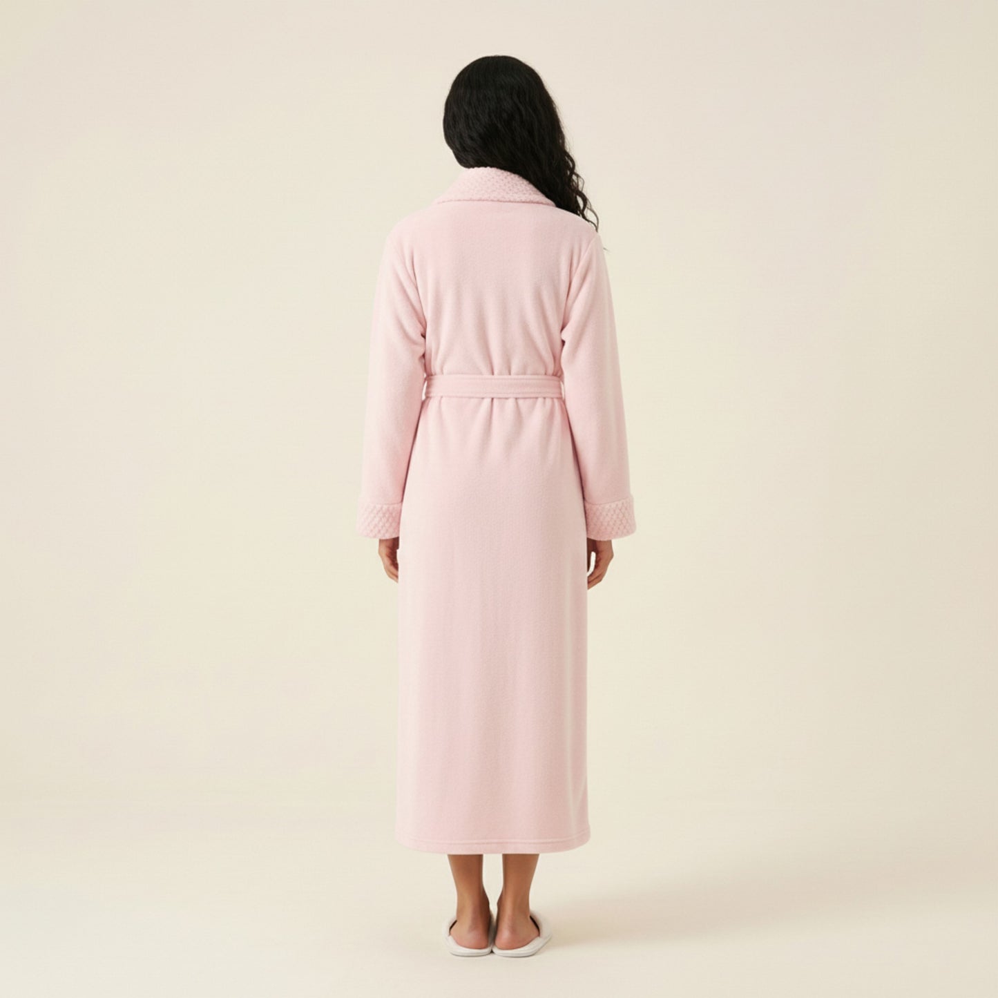 Plush Long Robe with Textured Shawl Collar Tie Waist Belt Soft Warm Full Length Bathrobe