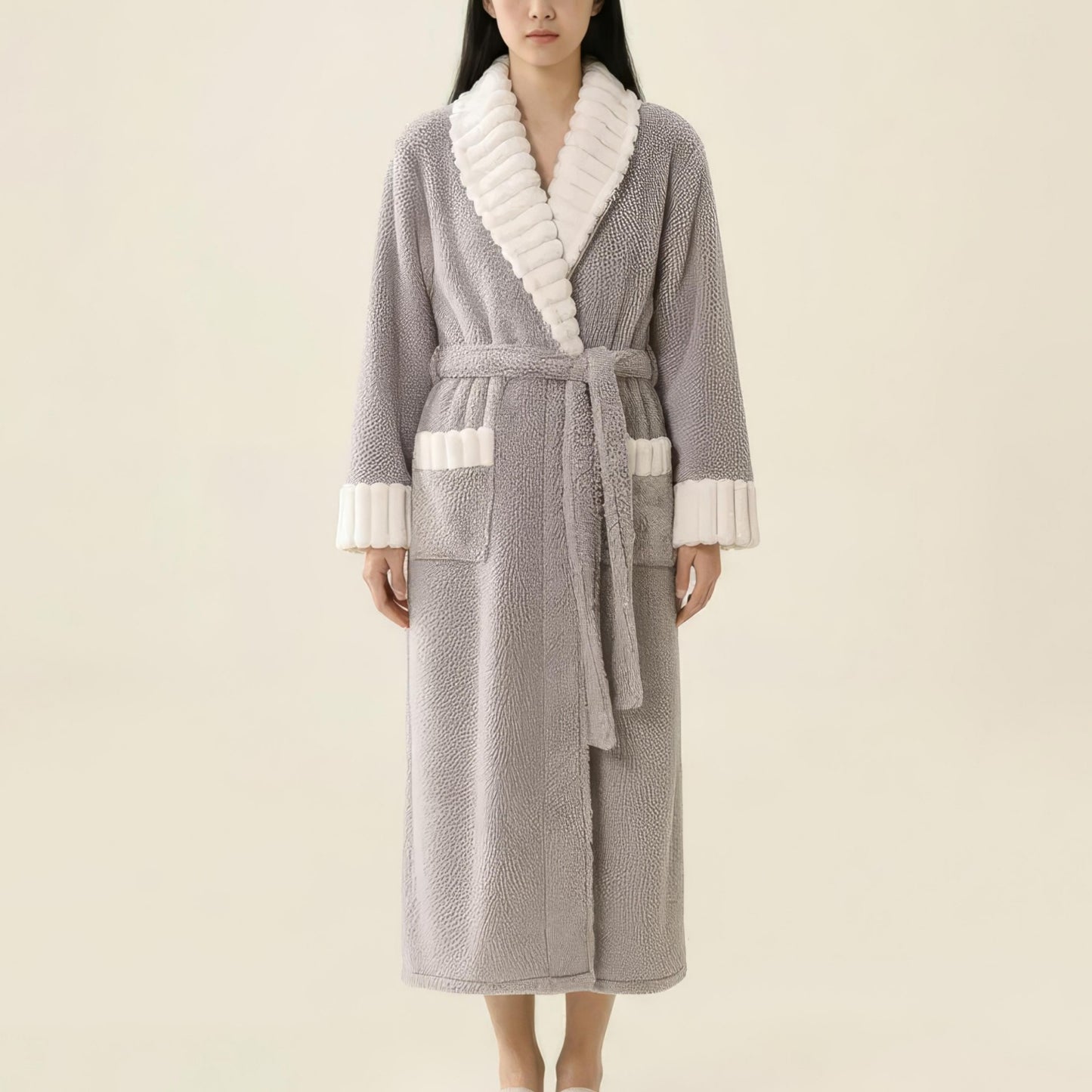 Plush Long Robe with Contrast Trim Shawl Collar Tie Waist Belt Full Length Bathrobe