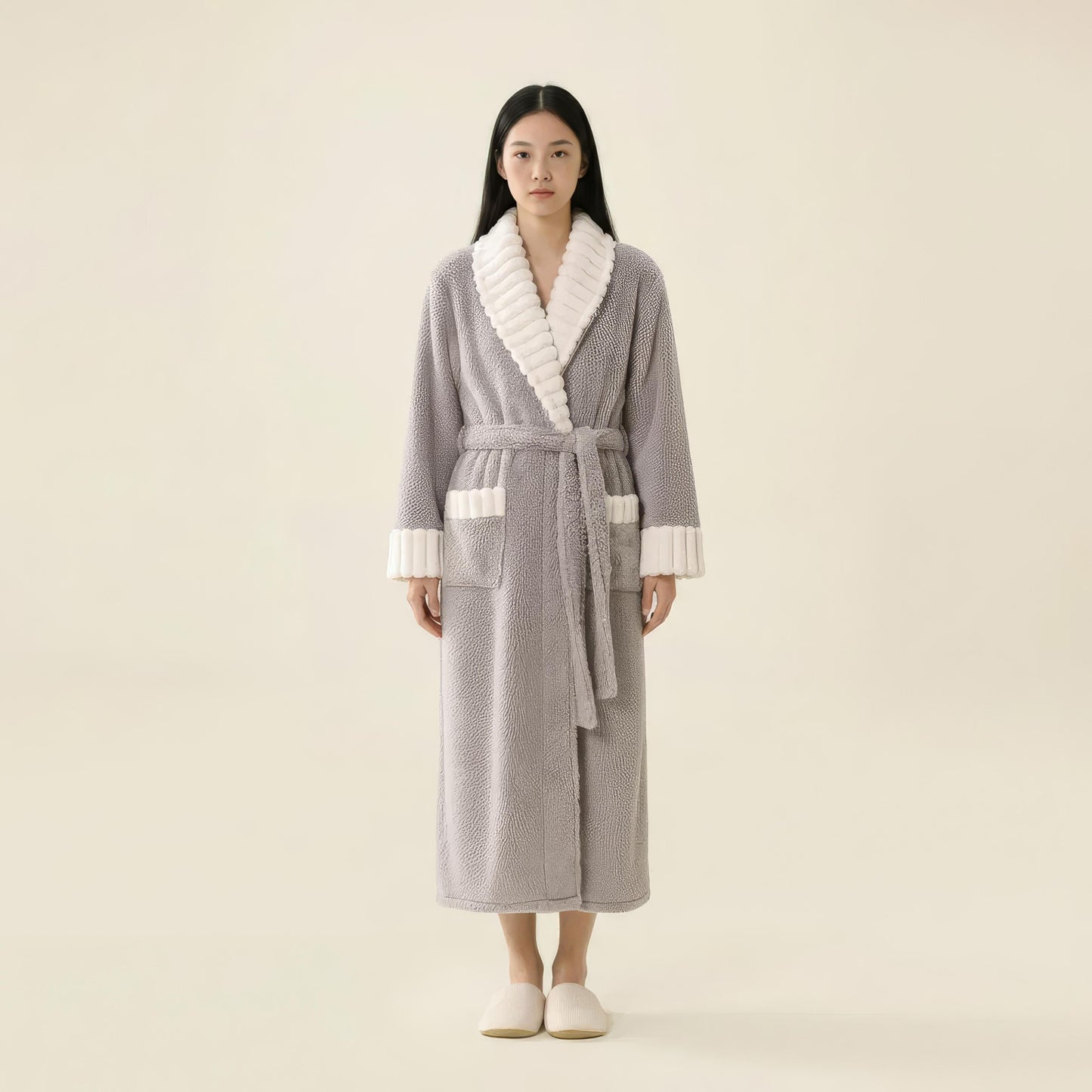 Plush Long Robe with Contrast Trim Shawl Collar Tie Waist Belt Full Length Bathrobe