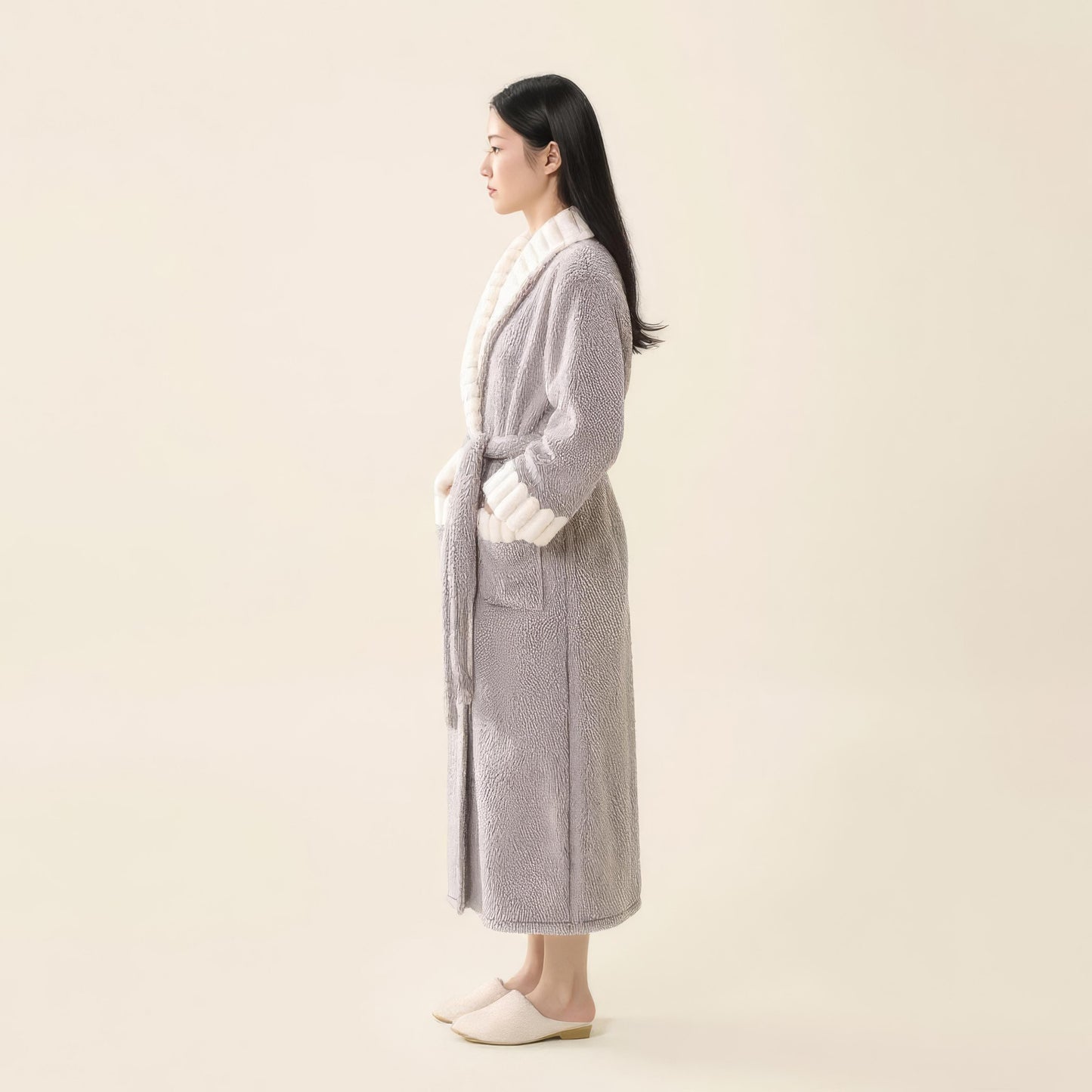 Plush Long Robe with Contrast Trim Shawl Collar Tie Waist Belt Full Length Bathrobe