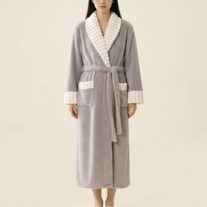 Plush Long Robe with Contrast Trim Shawl Collar Tie Waist Belt Full Length Bathrobe