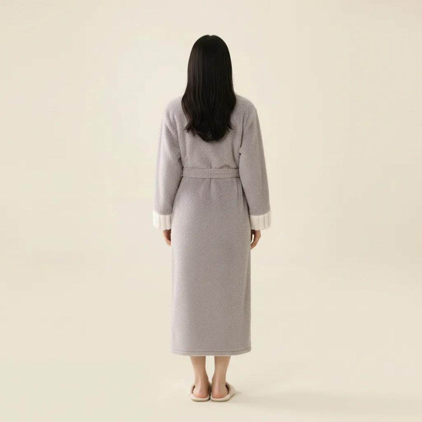 Plush Long Robe with Contrast Trim Shawl Collar Tie Waist Belt Full Length Bathrobe