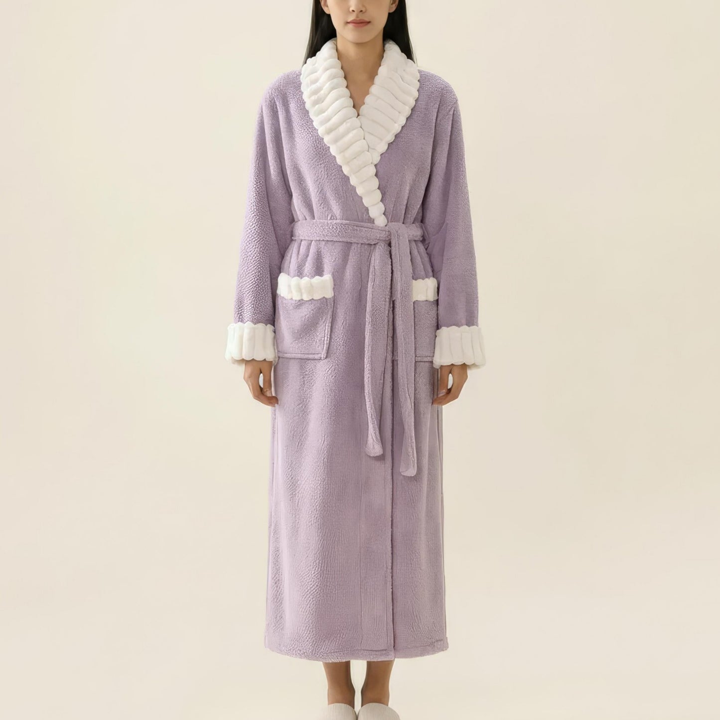 Plush Long Robe with Contrast Trim Shawl Collar Tie Waist Belt Full Length Bathrobe