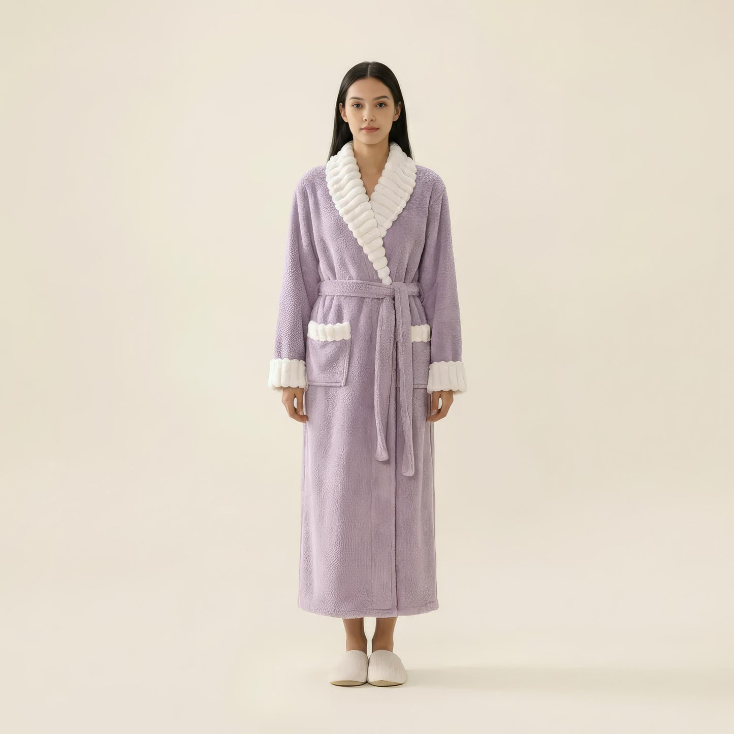 Plush Long Robe with Contrast Trim Shawl Collar Tie Waist Belt Full Length Bathrobe