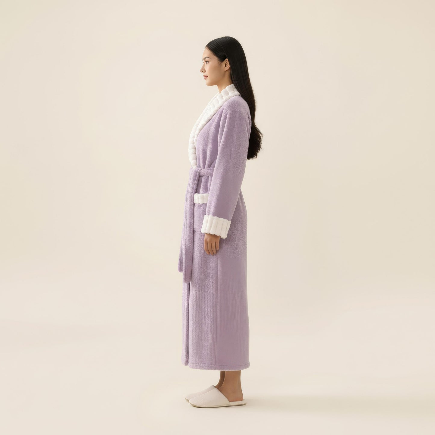 Plush Long Robe with Contrast Trim Shawl Collar Tie Waist Belt Full Length Bathrobe