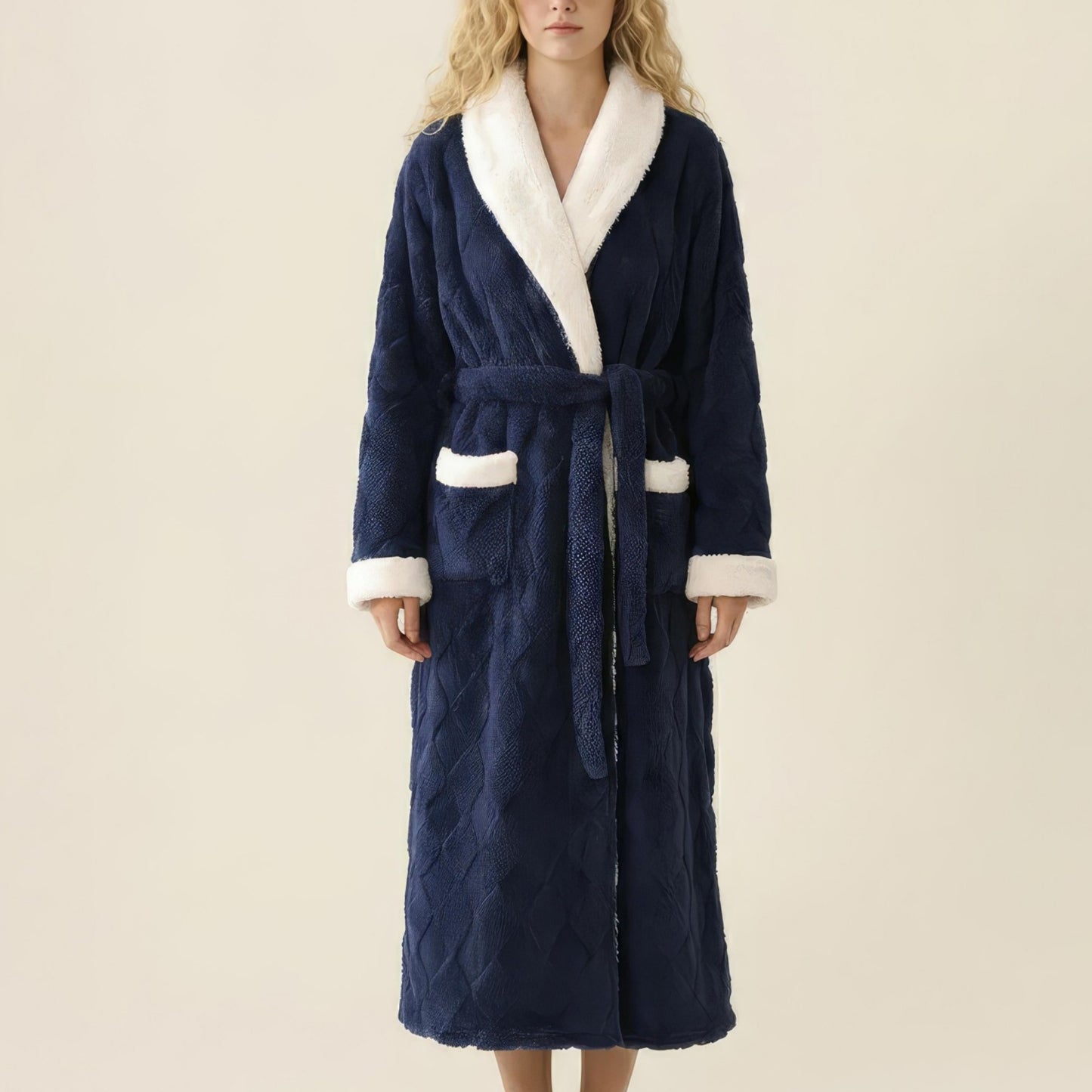 Plush Long Robe with Contrast Trim Shawl Collar Tie Waist Belt Soft Textured Warm
