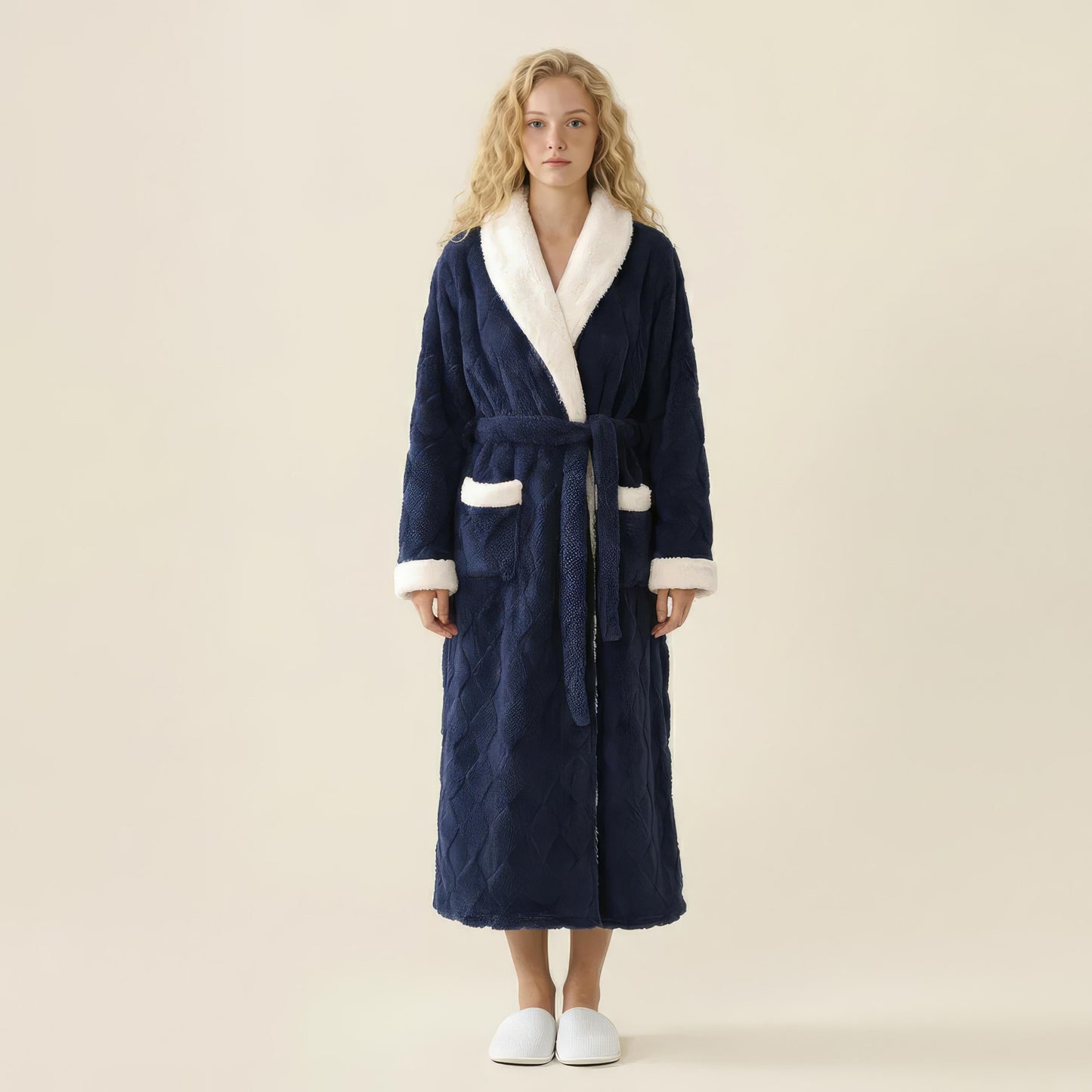 Plush Long Robe with Contrast Trim Shawl Collar Tie Waist Belt Soft Textured Warm