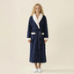 Plush Long Robe with Contrast Trim Shawl Collar Tie Waist Belt Soft Textured Warm