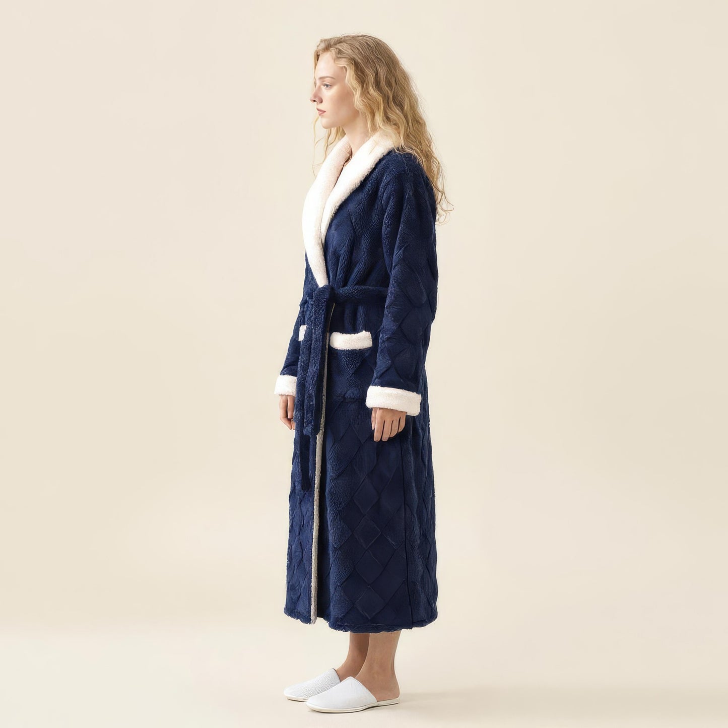 Plush Long Robe with Contrast Trim Shawl Collar Tie Waist Belt Soft Textured Warm