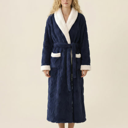 Plush Long Robe with Contrast Trim Shawl Collar Tie Waist Belt Soft Textured Warm