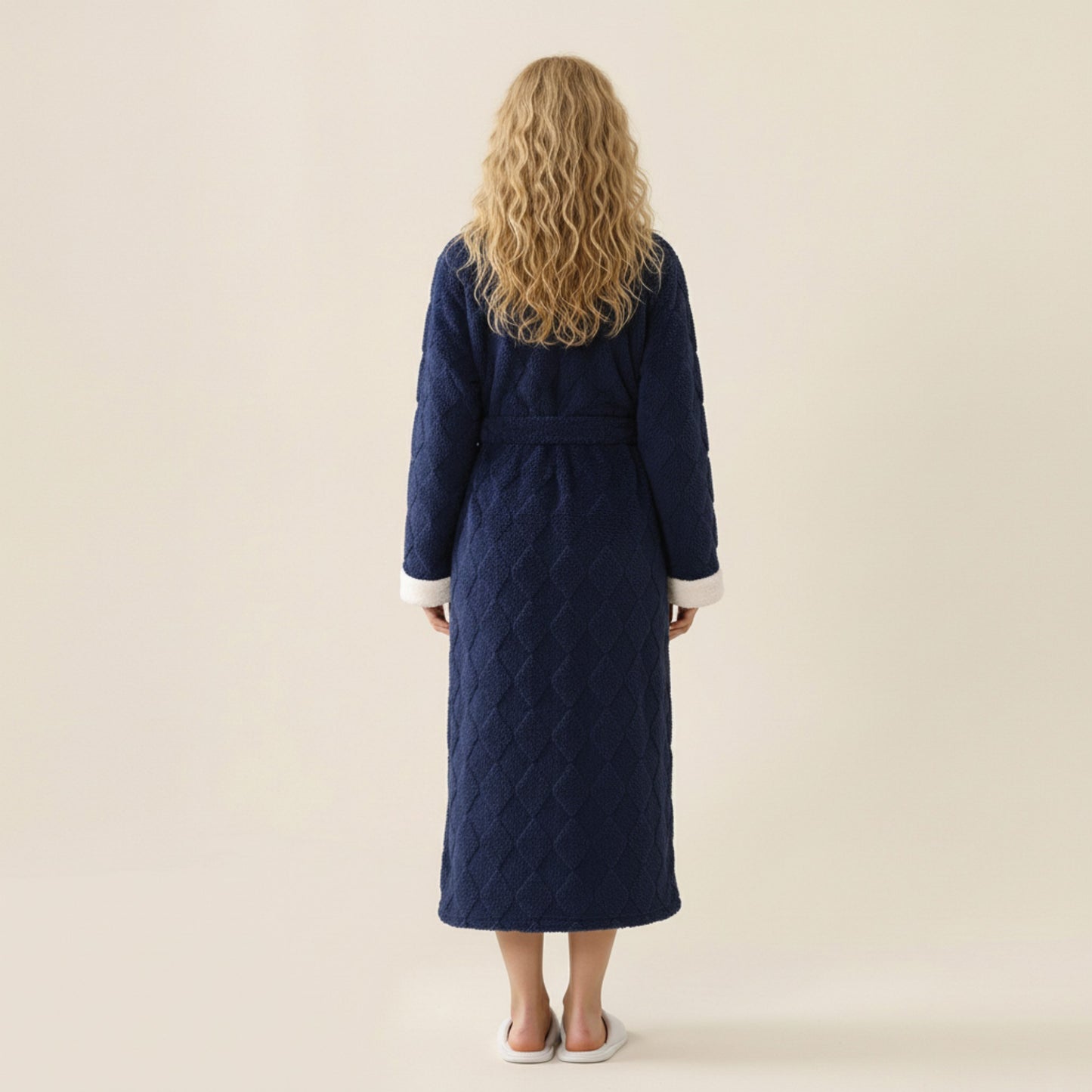Plush Long Robe with Contrast Trim Shawl Collar Tie Waist Belt Soft Textured Warm