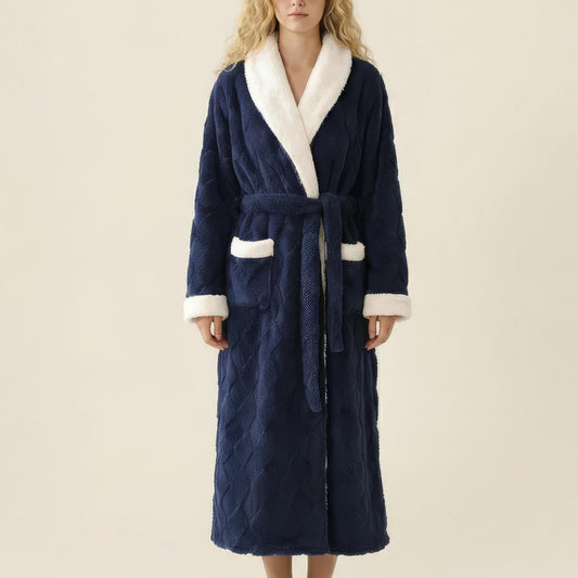 Plush Long Robe with Contrast Trim Shawl Collar Tie Waist Belt Soft Textured Warm
