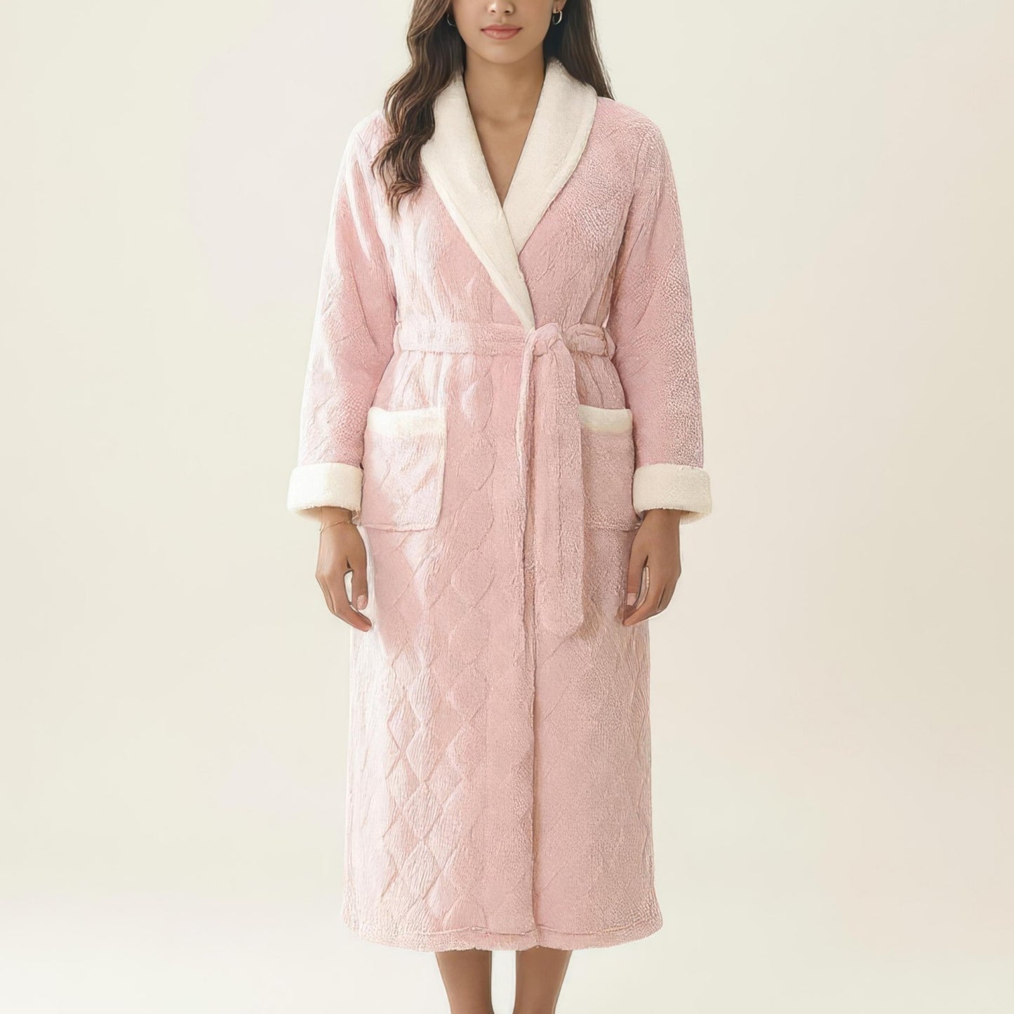 Plush Long Robe with Contrast Trim Shawl Collar Tie Waist Belt Soft Textured Warm