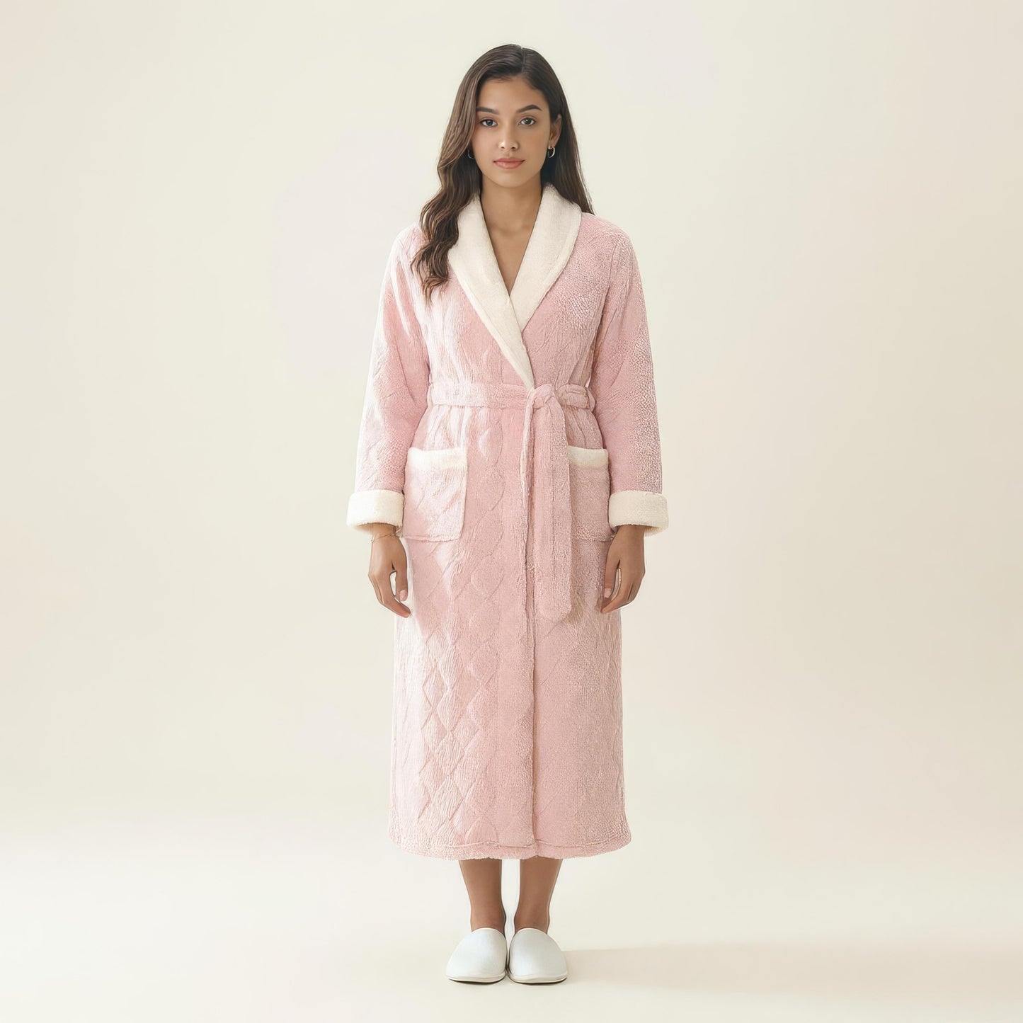Plush Long Robe with Contrast Trim Shawl Collar Tie Waist Belt Soft Textured Warm