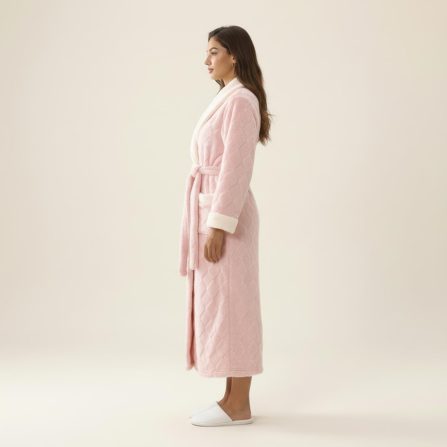 Plush Long Robe with Contrast Trim Shawl Collar Tie Waist Belt Soft Textured Warm