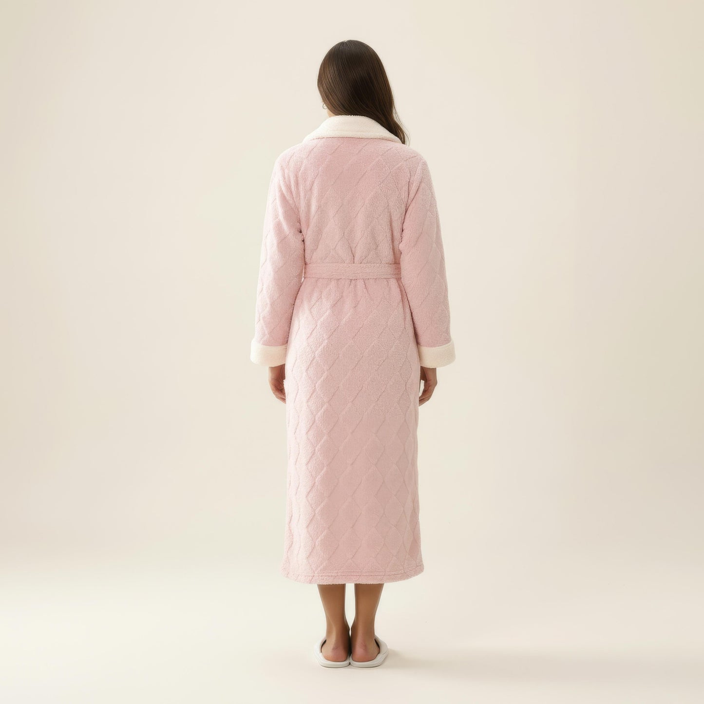 Plush Long Robe with Contrast Trim Shawl Collar Tie Waist Belt Soft Textured Warm