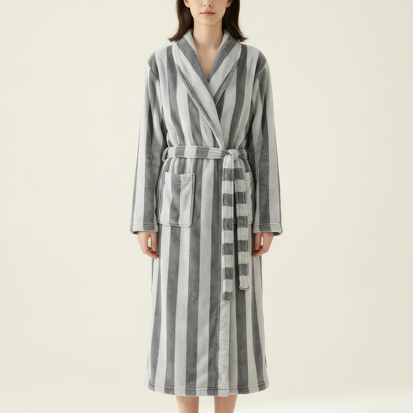 Striped Plush Long Robe with Shawl Collar Tie Waist Belt Soft Textured Full Length Bathrobe