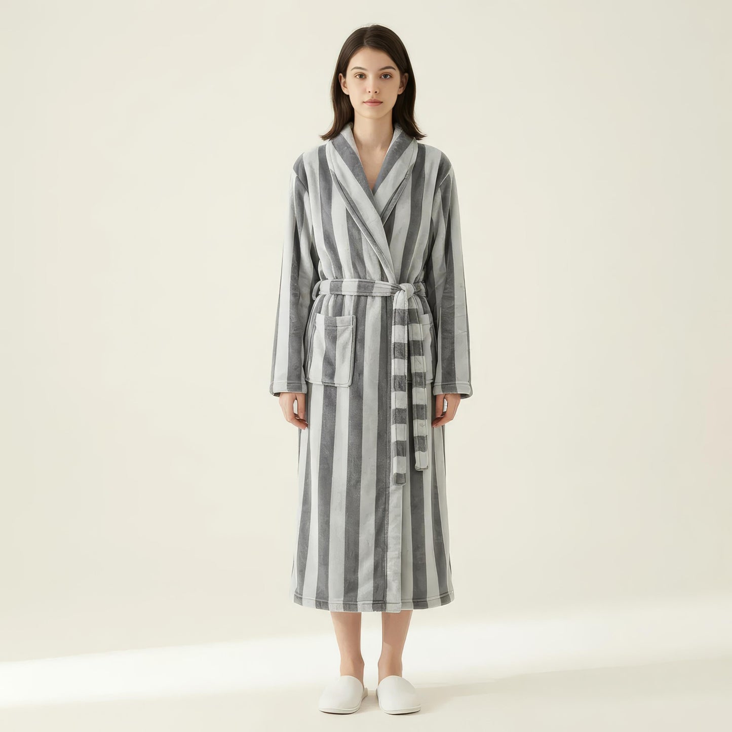 Striped Plush Long Robe with Shawl Collar Tie Waist Belt Soft Textured Full Length Bathrobe