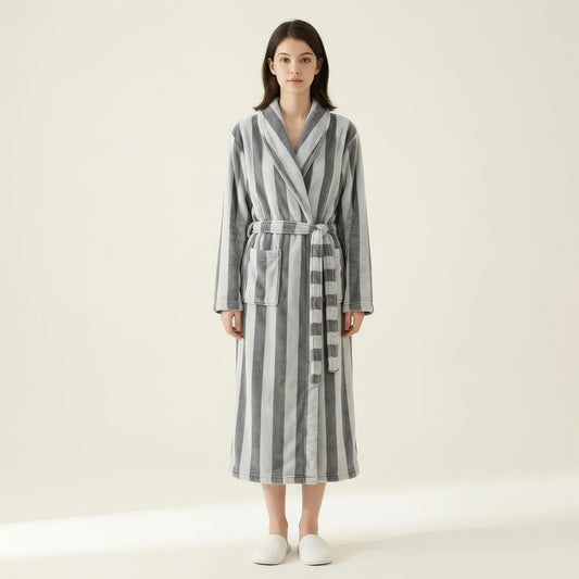 Striped Plush Long Robe with Shawl Collar Tie Waist Belt Soft Textured Full Length Bathrobe