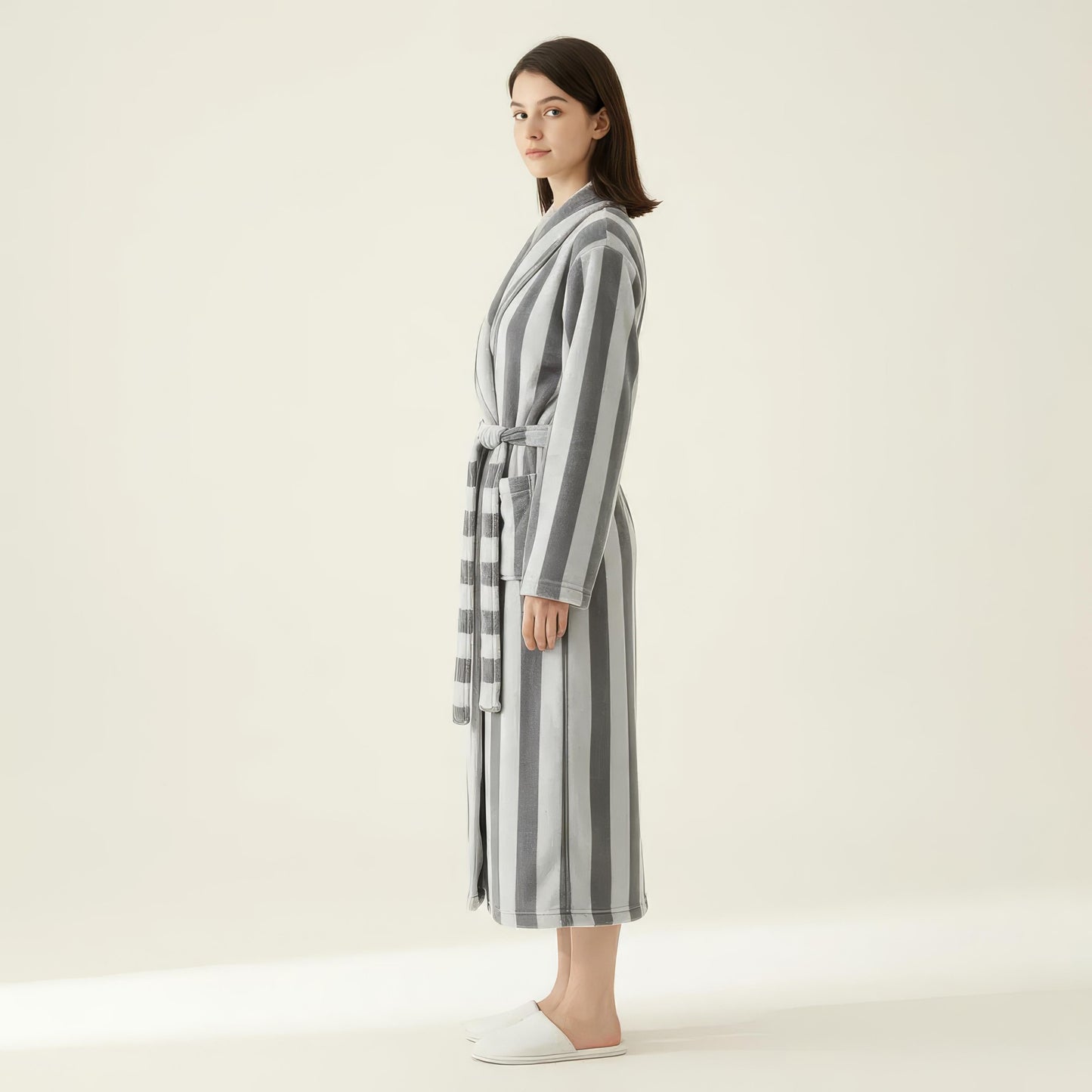 Striped Plush Long Robe with Shawl Collar Tie Waist Belt Soft Textured Full Length Bathrobe
