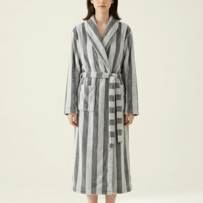 Striped Plush Long Robe with Shawl Collar Tie Waist Belt Soft Textured Full Length Bathrobe