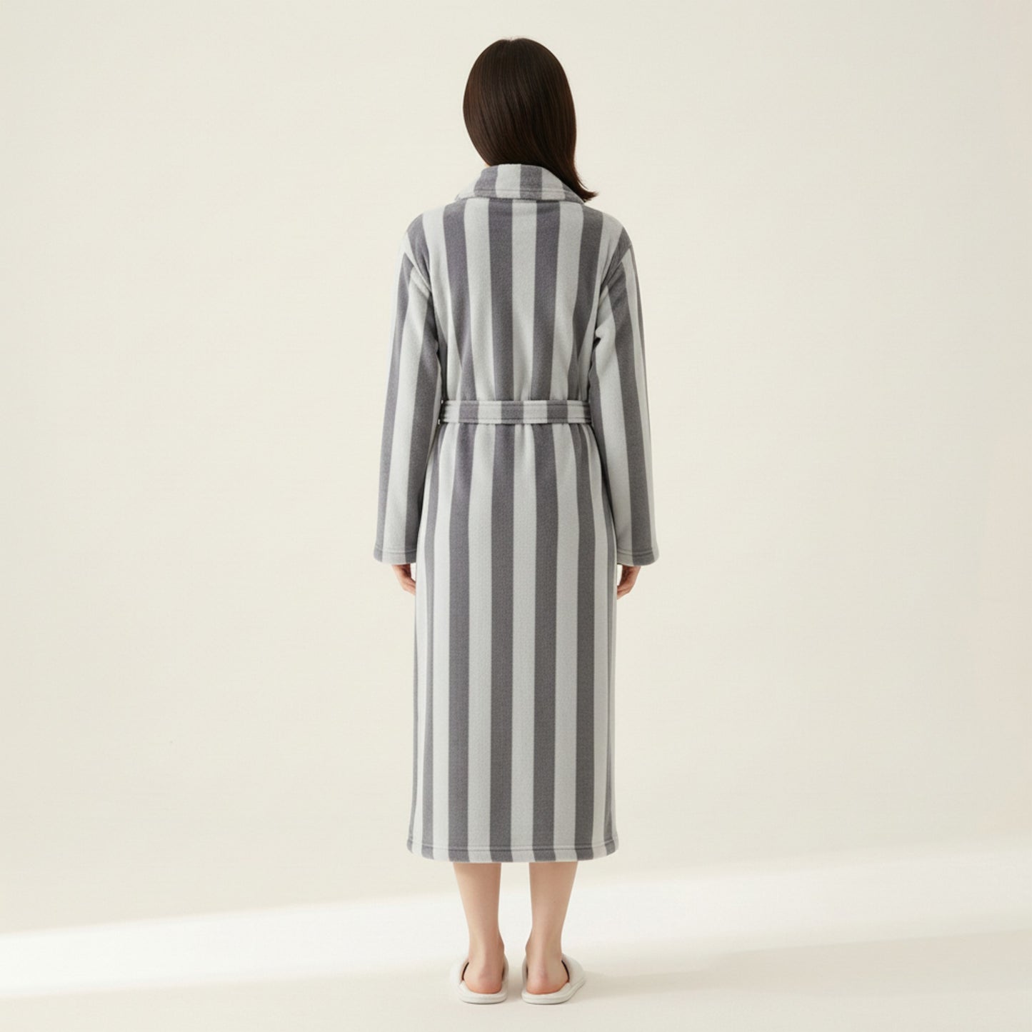 Striped Plush Long Robe with Shawl Collar Tie Waist Belt Soft Textured Full Length Bathrobe