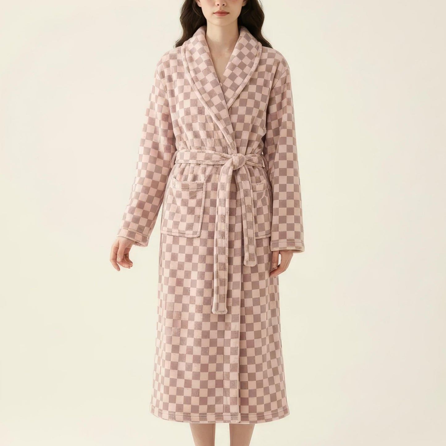 Striped Plush Long Robe with Shawl Collar Tie Waist Belt Soft Textured Full Length Bathrobe