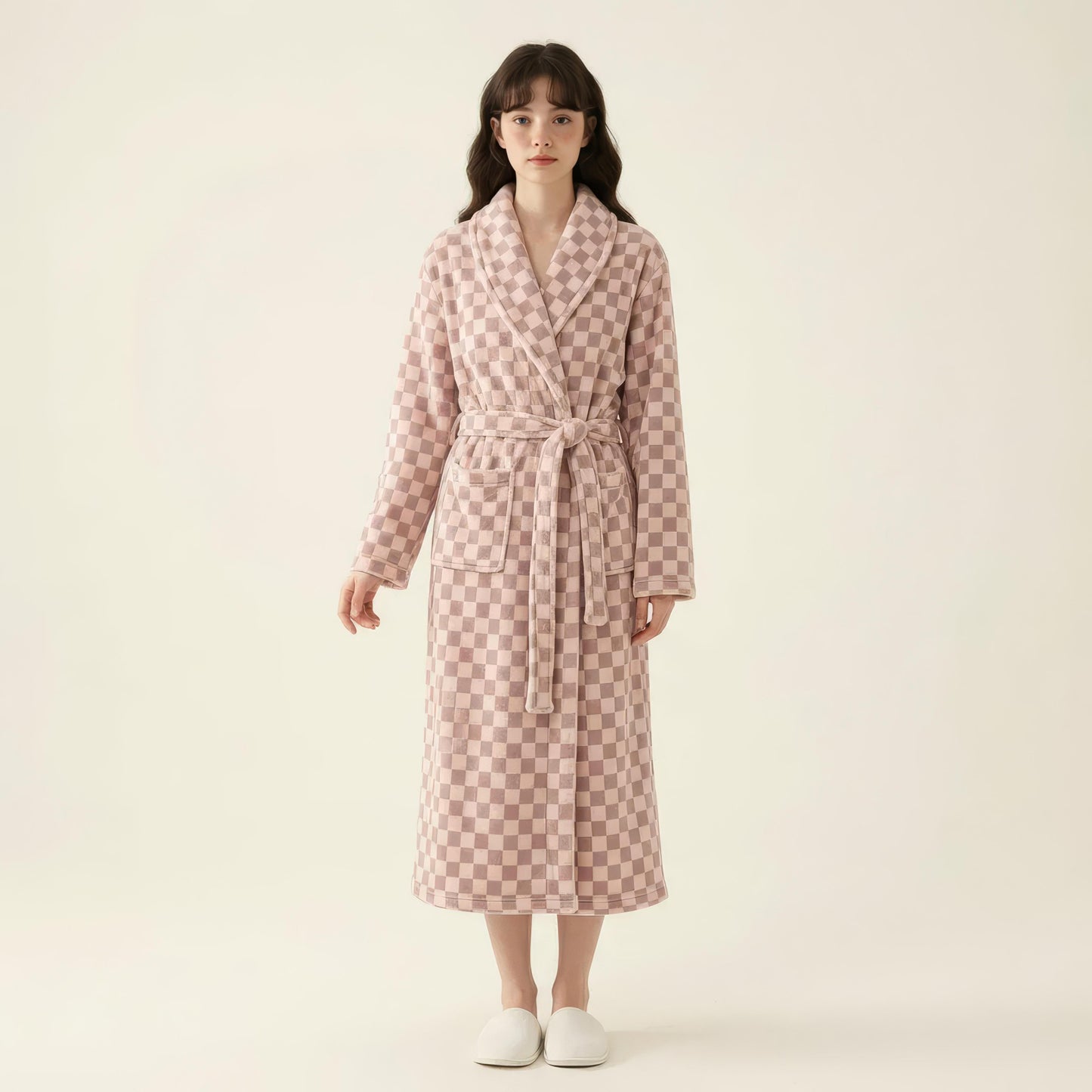 Striped Plush Long Robe with Shawl Collar Tie Waist Belt Soft Textured Full Length Bathrobe