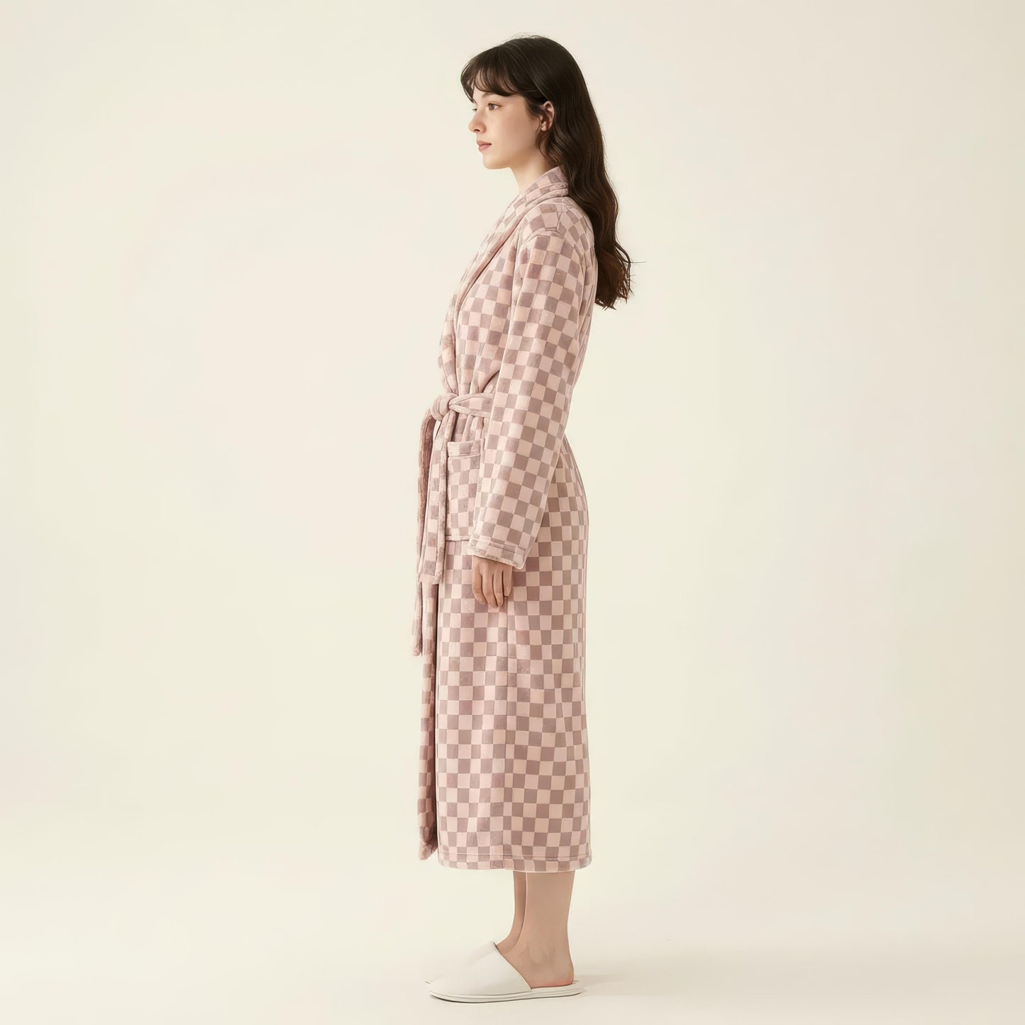 Striped Plush Long Robe with Shawl Collar Tie Waist Belt Soft Textured Full Length Bathrobe