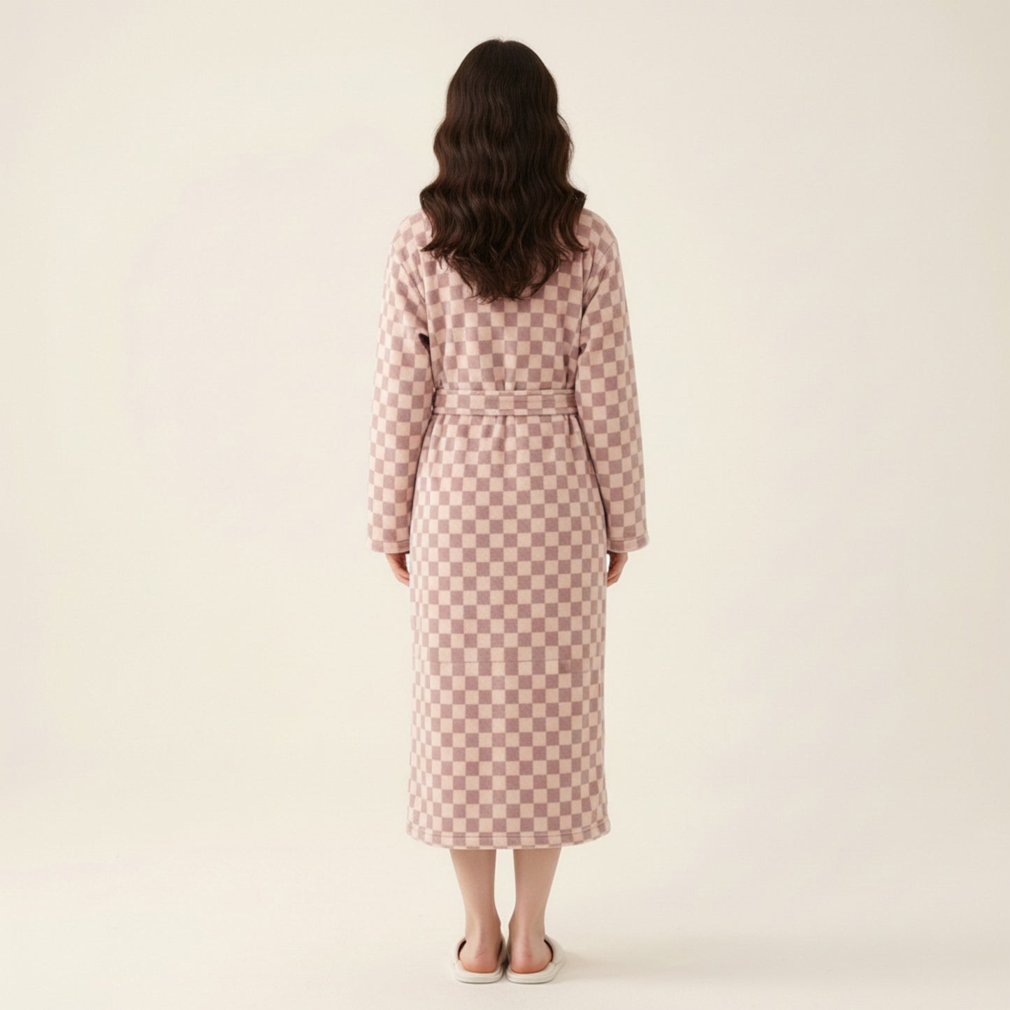 Striped Plush Long Robe with Shawl Collar Tie Waist Belt Soft Textured Full Length Bathrobe