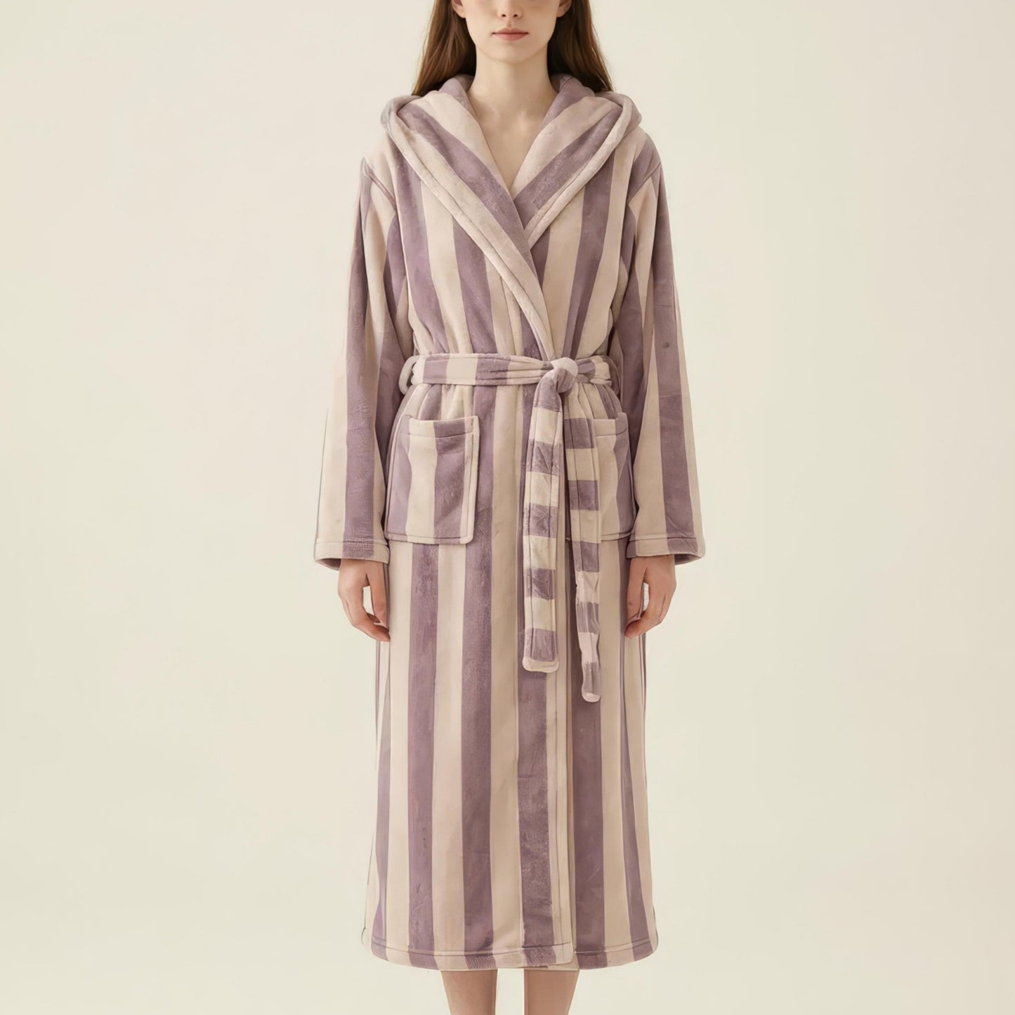 Striped Plush Long Robe with Shawl Collar Tie Waist Belt Soft Textured Full Length Bathrobe