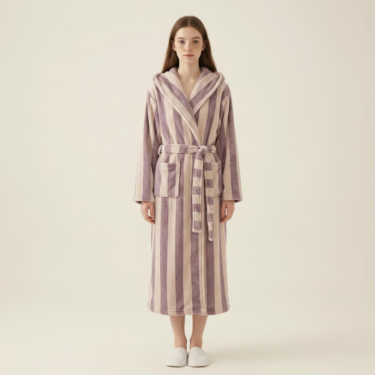 Striped Plush Long Robe with Shawl Collar Tie Waist Belt Soft Textured Full Length Bathrobe